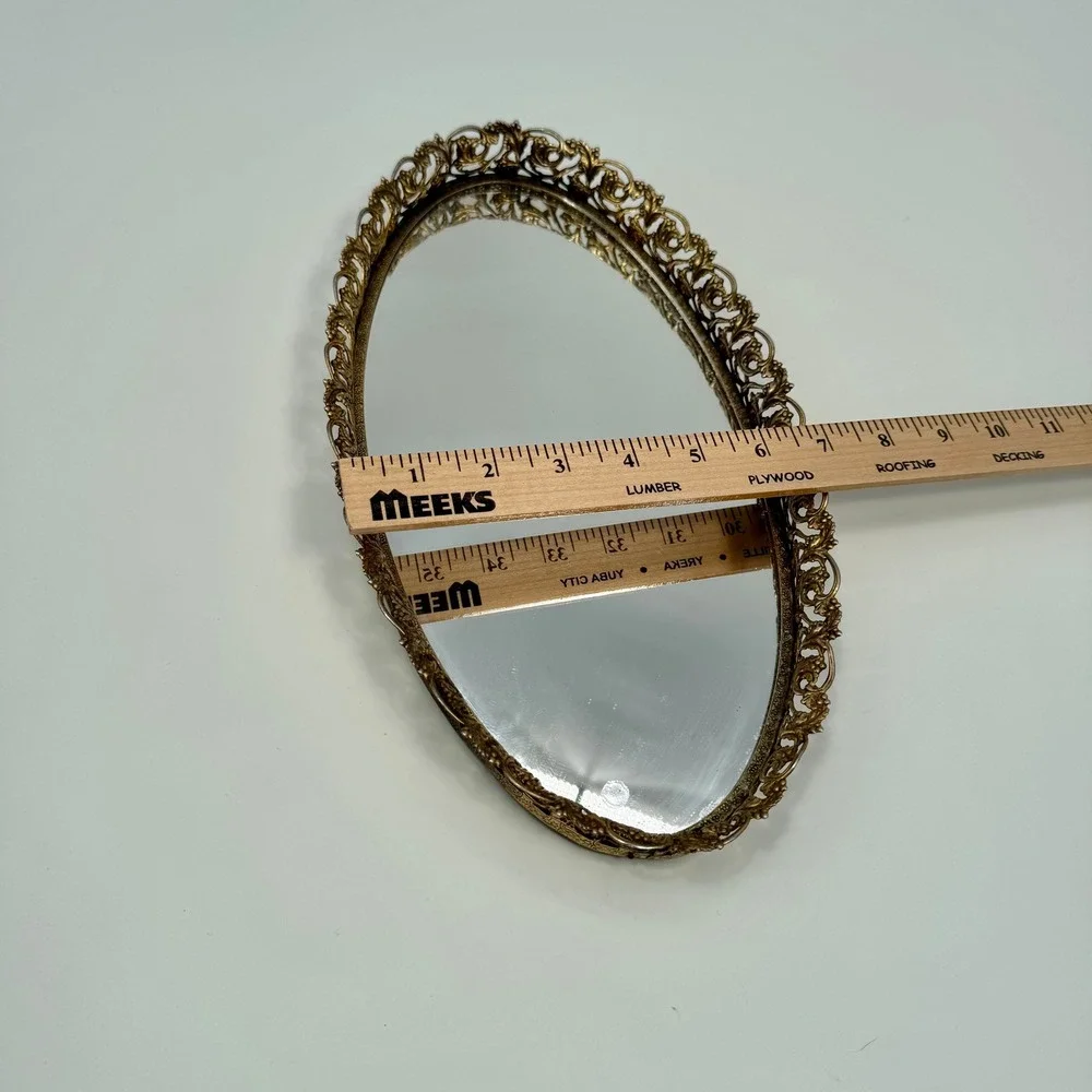 Vintage‎ 50s Oval Gold Gilt Metal Filigree Hollywood Regency Vanity Tray Mirror